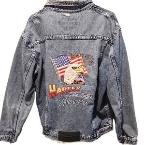 Vintage Harley Davidson Distressed Jean Jacket With Embroidered American Eagle